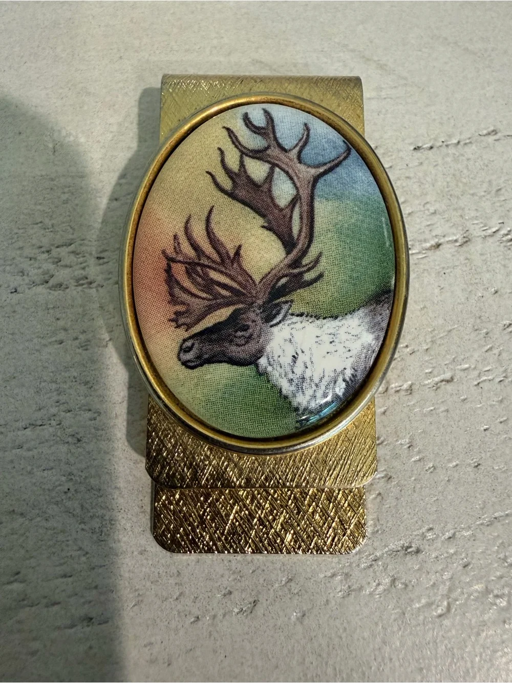 Gold Tone Moose Money Clip with Multicolor Enamel Inlay